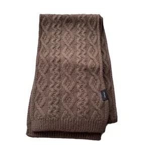 Thick cable-knit 100% merino wool scarf in dark coffee brown for winter warmth