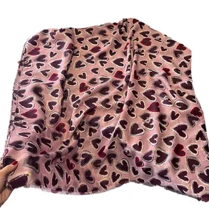 Pink linen cotton scarf with large heart prints and artistic oil painting style fringe