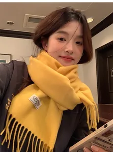 Gros plan sur l'écharpe en laine jaune vif avec des pompons doux et une étiquette blanche