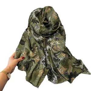 Olive green cotton linen scarf with vintage floral peony pattern and frayed edges