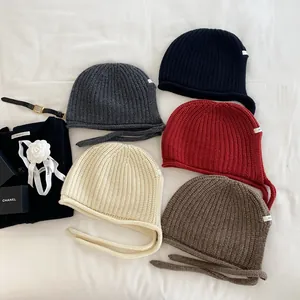100% Australian Wool Knit Balaclava Hat For Women Winter Warm Ear Protection Ribbed Beanie With Ties Hooded Scarf Hat