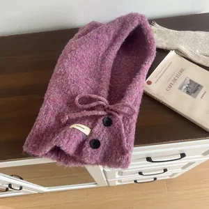 Purple wool blend balaclava knit hat with double buttons and drawstring detail