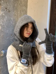 Detail of grey knitted balaclava hood and long fingerless gloves with decorative patches