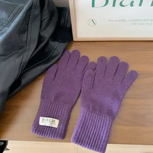 Detailed knit texture of purple touchscreen gloves with a woven label on a wooden table