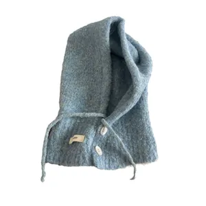 Light blue knitted wool blend balaclava hat with white buttons and adjustable drawstring