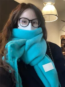 Detail of teal knit scarf with soft cashmere texture and white woven label on the end