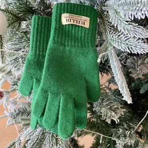 Detail of green knitted gloves with woven label on snowy Christmas tree branches