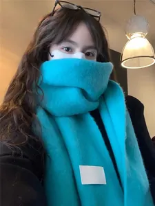 Detail of teal winter scarf featuring thick cashmere-like texture and white label
