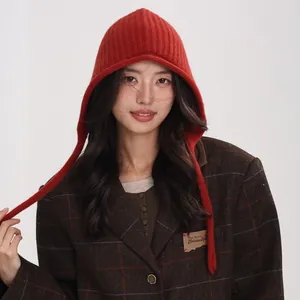 Dark red pure wool knit earflap beanie with long ties for women in winter style