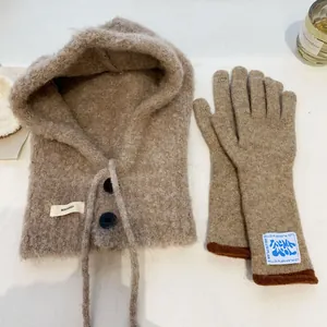 Winter knitted balaclava hood scarf and long glove set in camel wool blend style