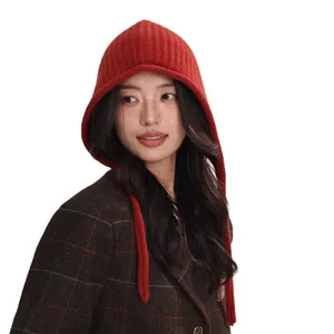Women's 100% Australian wool ribbed knit balaclava hat with ear flaps and long ties