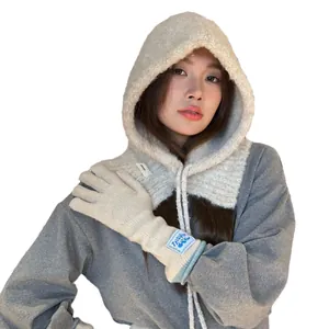 Winter knitted balaclava hat with matching gloves in beige, Korean style thermal set