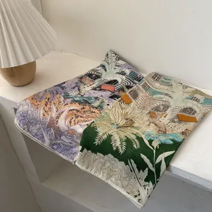 Elegant tropical rainforest print scarf with palm trees and European architecture