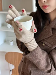 Detailed knit gloves with red embroidered smiley face and flip-top mitten design