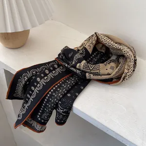 Italian paisley pattern silk wool scarf for women with elegant navy and beige navy tones