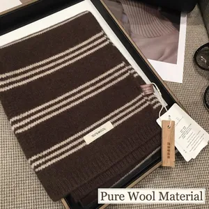 Écharpe classique à rayures 100% pure laine marron et beige avec boîte cadeau luxe