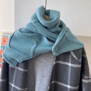 Détail d'un tour de cou en laine tricotée bleu clair avec texture côtelée et bouton