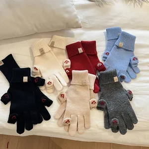 Winter knitted flip top gloves in various colors with embroidery and ribbed cuffs