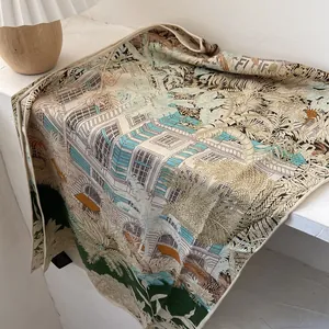 Artistic tropical forest silk scarf with palm leaf pattern and refined hem detail