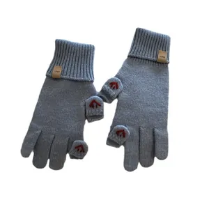 Cute knitted fingerless gloves with touchscreen flip cover and leather label