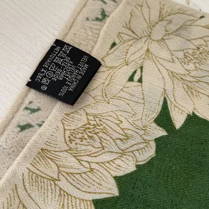 Detailed close-up of premium silk-wool blend scarf showing material texture and care label