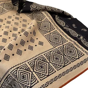 Italian style four-grid paisley silk wool scarf with geometric patterns in khaki and black