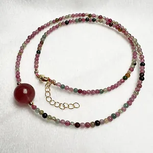 Collar de Cuentas de Turmalina Natural Con Colgante de Cuarzo Fresa Joyería de Cristal Multicolor Minimalista Para Mujer