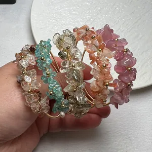 Bracelet Jonc en Gravier de Cristal Naturel Fait à la Main Enroulé de Fil Plaqué Or 14K Perle d'Eau Douce Bijoux Femme