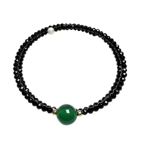 Bracelet double couche en spinelle noire et agate verte avec perle blanche de luxe