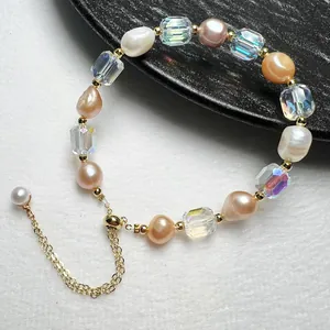 Natural Freshwater Pearl Baroque Irregular Beaded Bracelet With Faceted Crystal Adjustable Gold Plated Slider Clasp Elegant Jewelry For Women