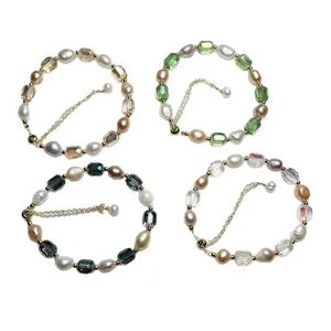 Set of four natural freshwater baroque pearl and crystal beaded adjustable bracelets