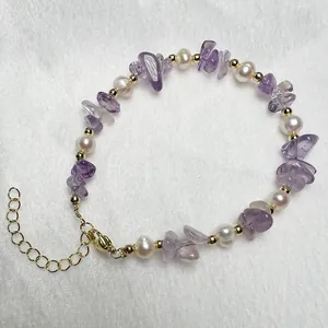 Natuurlijke Zoetwaterparel En Kristalsteen Chips Handgemaakte Kralen Armband Met Verstelbare Vergulde Verlengketting Voor Vrouwen Sieraden Cadeau