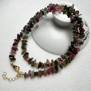 Collar y Pulsera de Turmalina Arcoíris Natural con Piedras Trituradas para Mujer Joyería Irregular Chapada en Oro con Cadena de Extensión