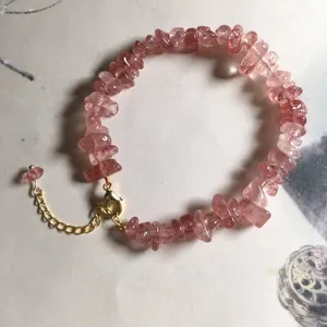 Natural strawberry quartz chip bracelet with adjustable gold-tone chain for women