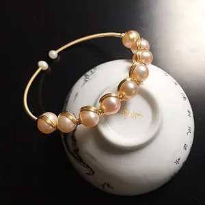 Handmade Natural Freshwater Pearl Wire Wrapped Open Bangle For Women Elegant 14K Gold Filled Minimalist Bracelet Jewelry Gift