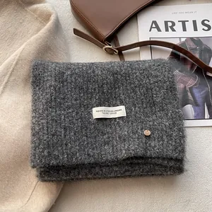 Detail of soft wool knit scarf in dark grey with elegant white label and wood button