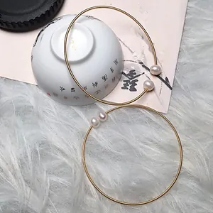 Handmade 14K gold filled wire wrapped freshwater pearl open cuff bracelet set for women