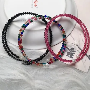 Detailed view of triple-layered spinel crystal beaded bracelets with facet cut and pearl ends