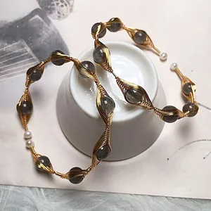 Handmade 14K Gold Filled Wire Wrapped Natural Crystal Freshwater Pearl Bangle Bracelet For Women Bohemian Adjustable Jewelry