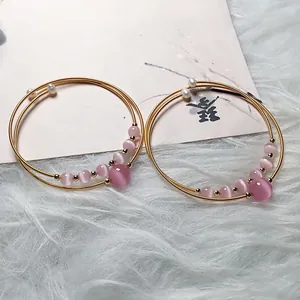 Pink cat eye stone and pearl 14K gold wire wrapped multi-layer wrap bracelet