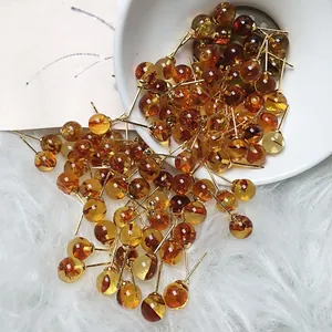 Pendientes de Botón de Bola de Ámbar Natural Con Poste de Plata de Ley 925 Oro Laminado Joyería Minimalista para Mujer
