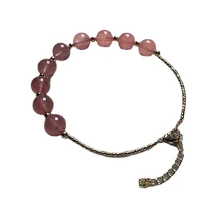 Pink strawberry quartz beaded bracelet with 14K gold plated chain and adjustable clasp
