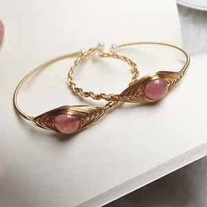 Handmade 14K gold-wrapped strawberry quartz and pearl bangle set for women