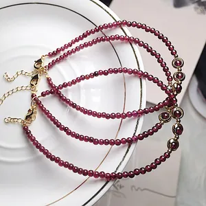 Natural Wine Red Garnet Beaded Bracelet Anklet For Women Elegant 14K Gold Filled Jewelry With Adjustable Extension Chain Gift
