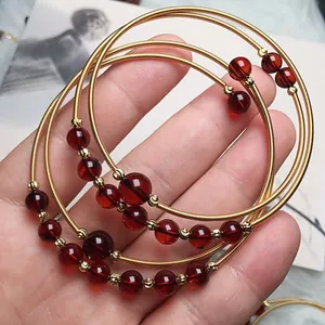 Retro Natural Blood Amber Bracelet 14K Gold Filled Wire Wrapped Spiral Bangle Elegant Oriental Style Jewelry For Women