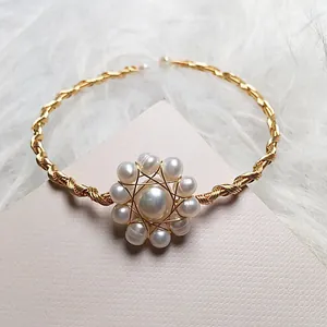 Elegant 14K gold filled freshwater pearl flower bracelet with twisted wire handmade design