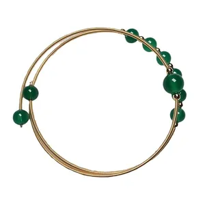 14K gold filled handmade wire wrap bangle with natural green agate beads for women