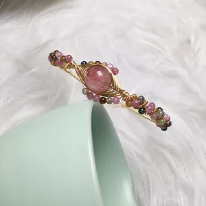 Handmade strawberry quartz and tourmaline 14K gold wire wrapped bangle bracelet