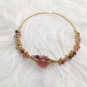 Exquisite handmade 14K wire wrapped strawberry quartz and tourmaline bracelet with pearls