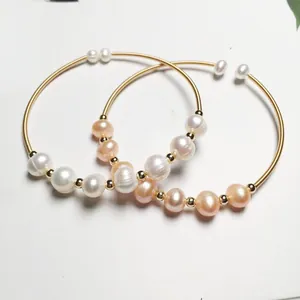 Handmade 14K Gold Filled Wire Wrapped Natural Freshwater Pearl Open Cuff Bracelet Elegant Women Jewelry For Wedding Gift Party
